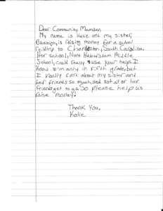 Students are writing letters to local businesses asking for donations. This one was written by Breeleigh Thomason's sister, Katie.