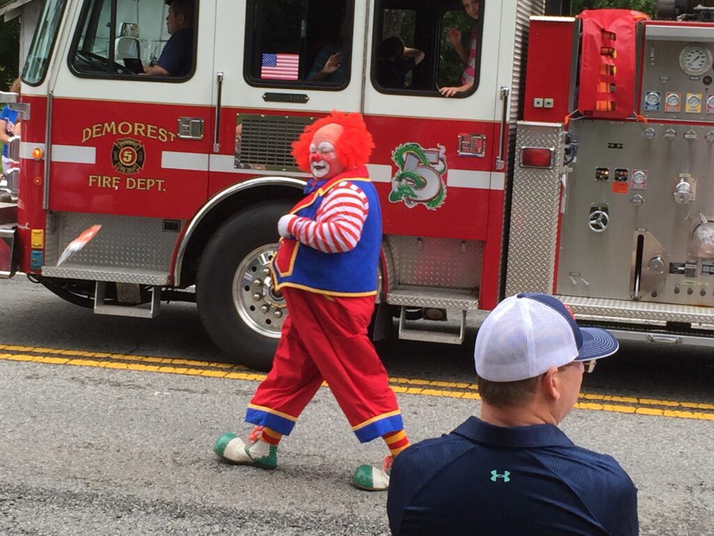 A clown and a fire truck make any parade complete. There were a number of fire trucks, police cars, and emergency vehicles in Demorest's parade on the fourth. Lots of horns and sirens, too.
