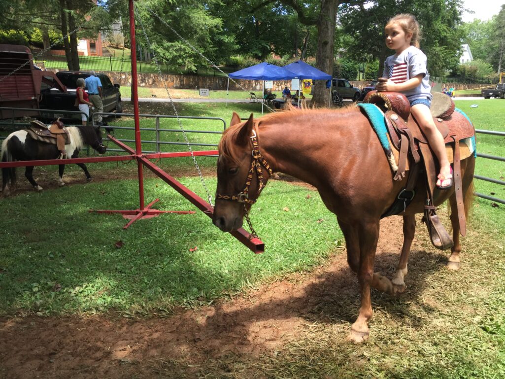 Emma Simmons of Baldwin bravely took a pony ride in Demorest Park Saturday. She was wearing her Fourth of July shirt.