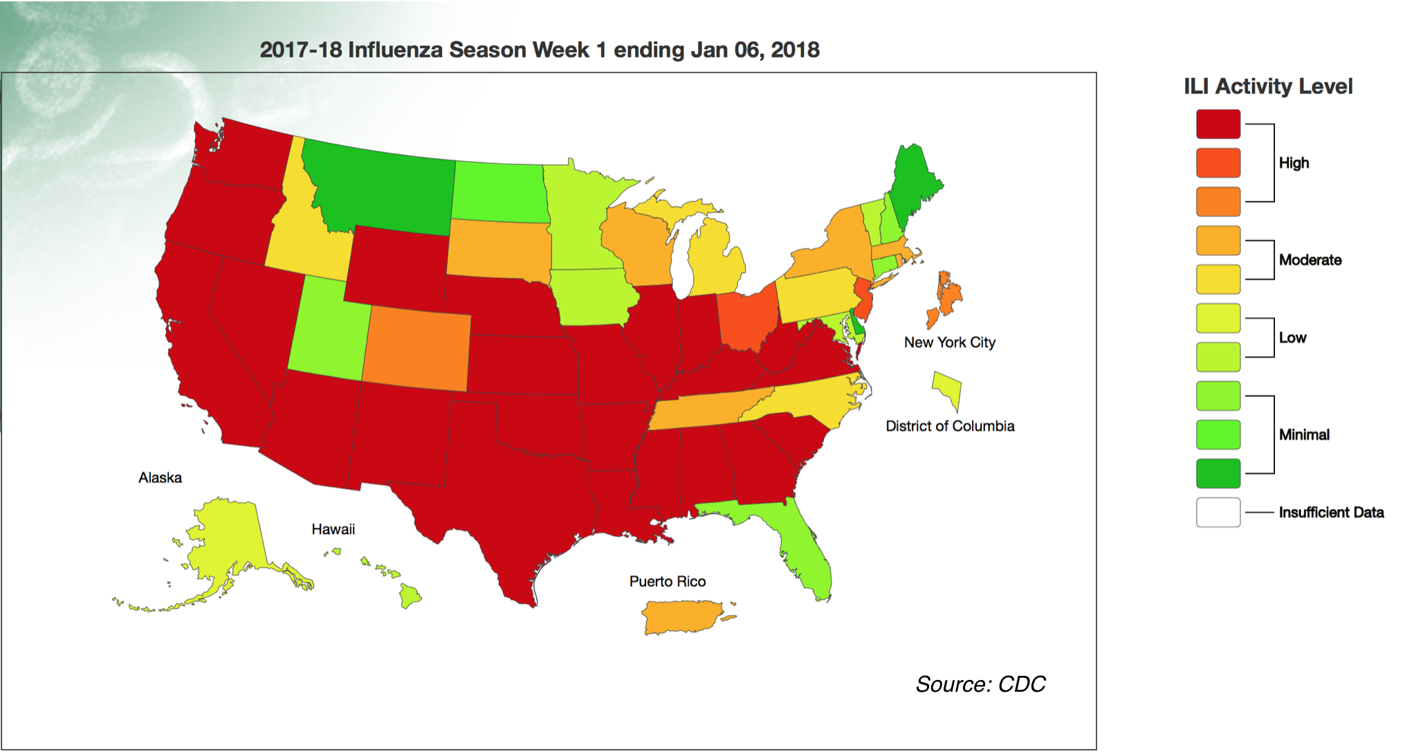 Flu severity map as of Jan. 6, 2018