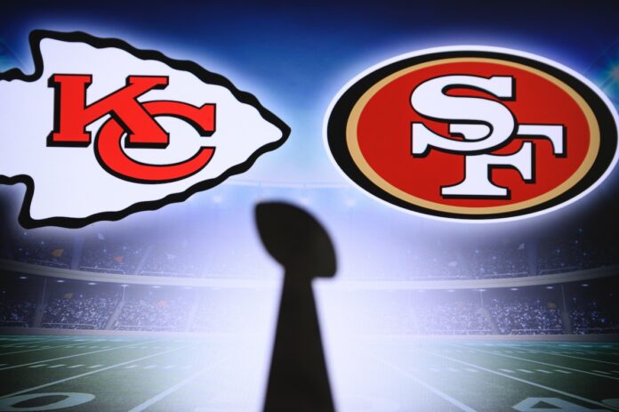 MIAMI, FLORIDA, USA, JANUARY, 20. 2020: Super Bowl LIV, the 54th Super Bowl,Kansas City Chiefs vs. The San Francisco 49ers at Hard Rock Stadium in Miami NFL Trophy silhouette