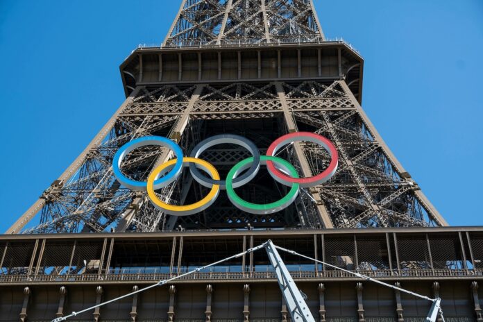 Eiffel Tower with Olympic rings to mark the games taking place in the city