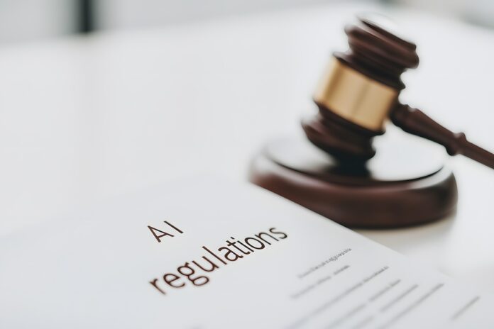 Documents with text written ‘AI Regulations’ and ‘Law,’ placed on a desk with a gavel nearby, symbolising the legal framework and governance of artificial intelligence