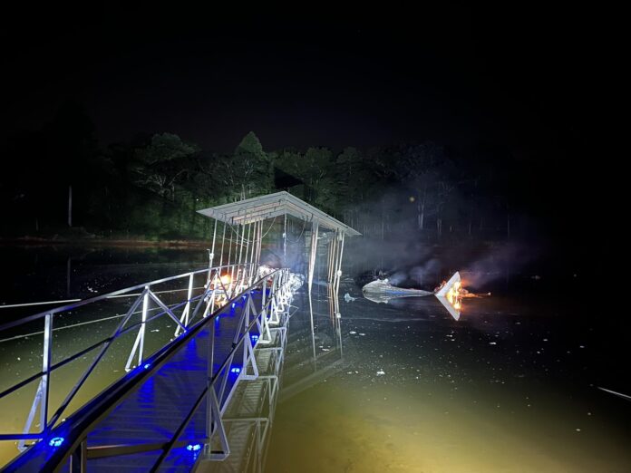 dock and boat fire on Lake Hartwell