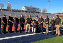 Shown during the recent filming of a Habersham Central Raiders hype video are, from left, SRO Anthony Sullo, SRO Austin Martin, SRO Kristopher Stout, SRO Lynn Moore, SRO Sgt. Wesley Addis, SRO Sgt. Wesley Littlejohn, SRO Lt. Aaron Autry, SRO David Perkins, SRO Evaleez Gonzalez, SRO Kyle O’Kelley, and SRO Graciela Margolla.